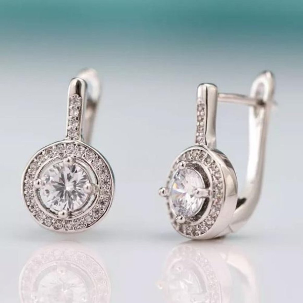 925 Sterling Silver Round Diamon Earrings, beautiful Earrings, cute Earrings. - Picture 2 of 4